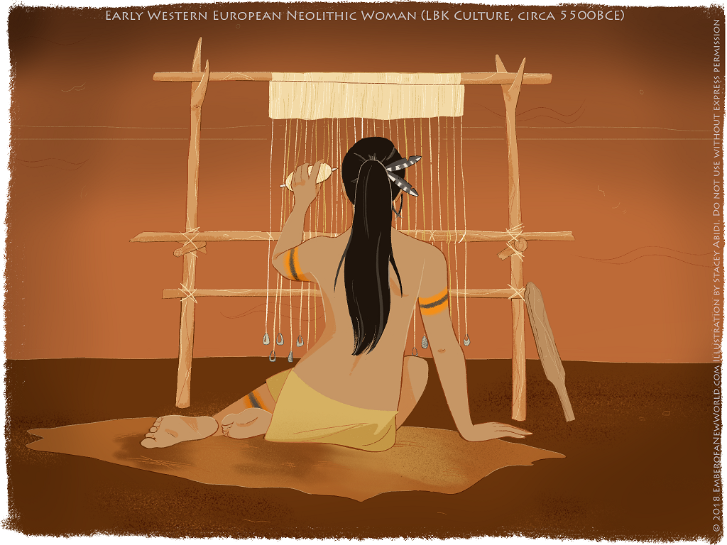 A Neolithic person weaves cloth by firelight