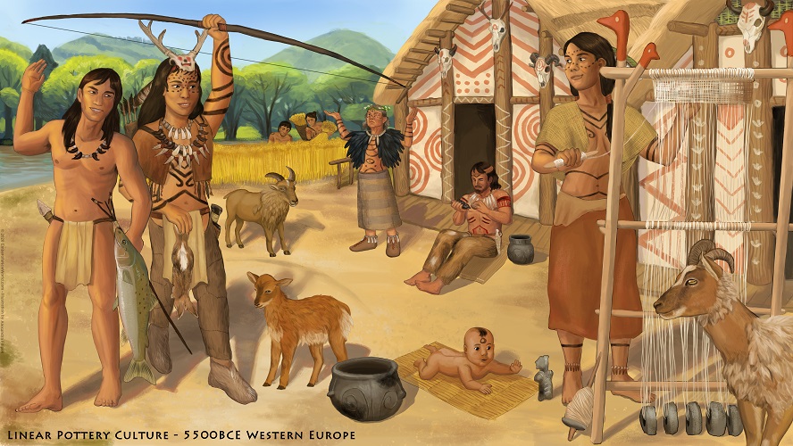 An image depicting a typical Linear Pottery Culture village set beside a river. A woman weaves woold, a boy returns with an Atlantic Salmon he speared, a girl brings back rabbits she hunted with her bow. A man knapps flint into an axe head. An old woman prays to the gods. Behind them, villagers work on farming.