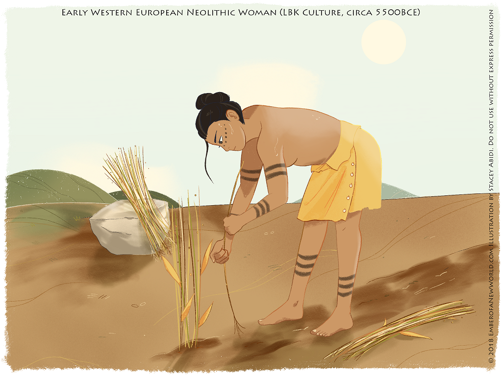 Neolithic woman working hard to harvest flax