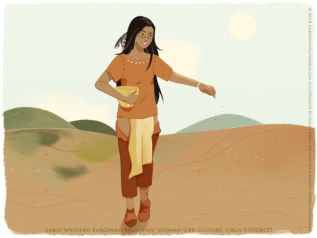 Neolithic woman casting seeds on a spring morning